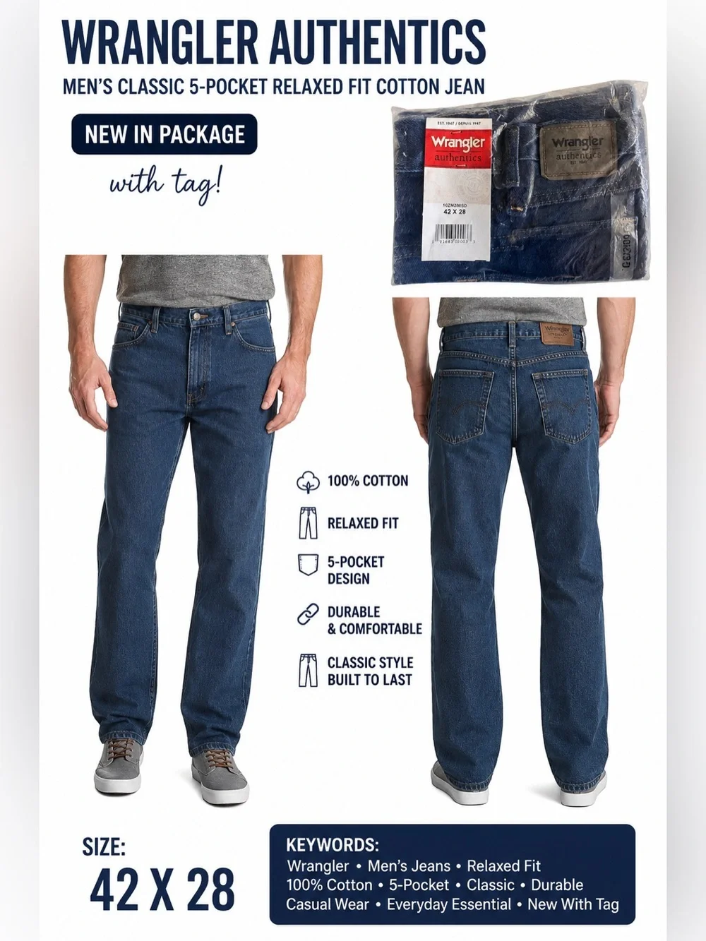 NWT Wrangler Authentics Relaxed Fit Dark Wash Jeans 42x28 NWT